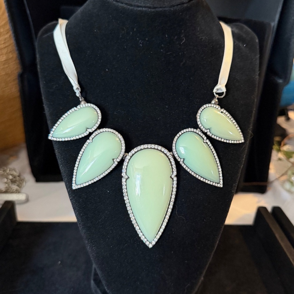 Mint Green Rhinestone Statement Bib Necklace Teardrop Ribbon Tie Glam